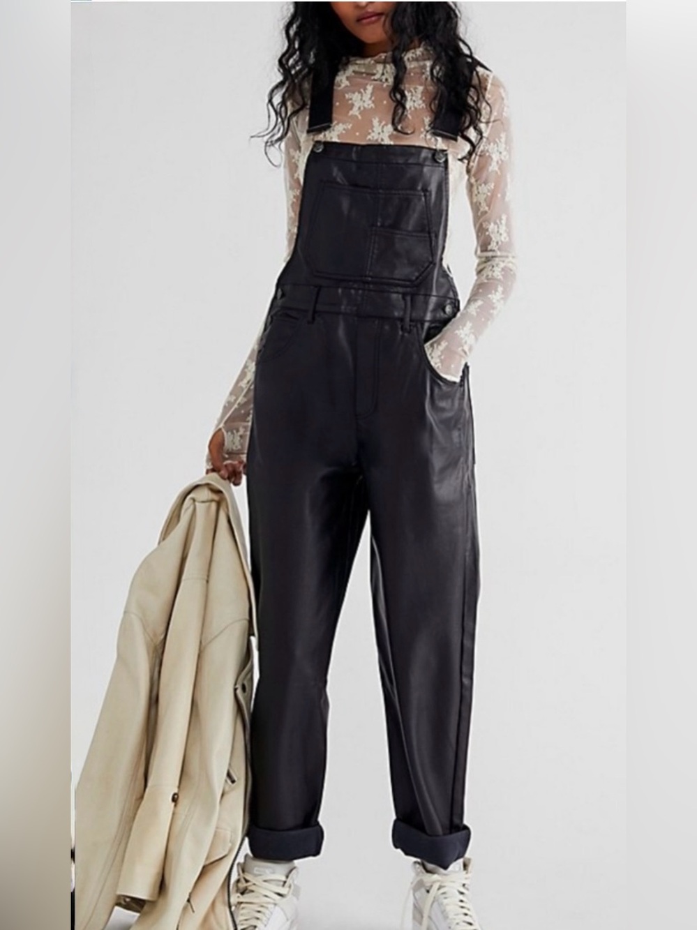 We The Free Ziggy Black Vegan Leather Overalls Relaxed Slouchy Silhouette Size M